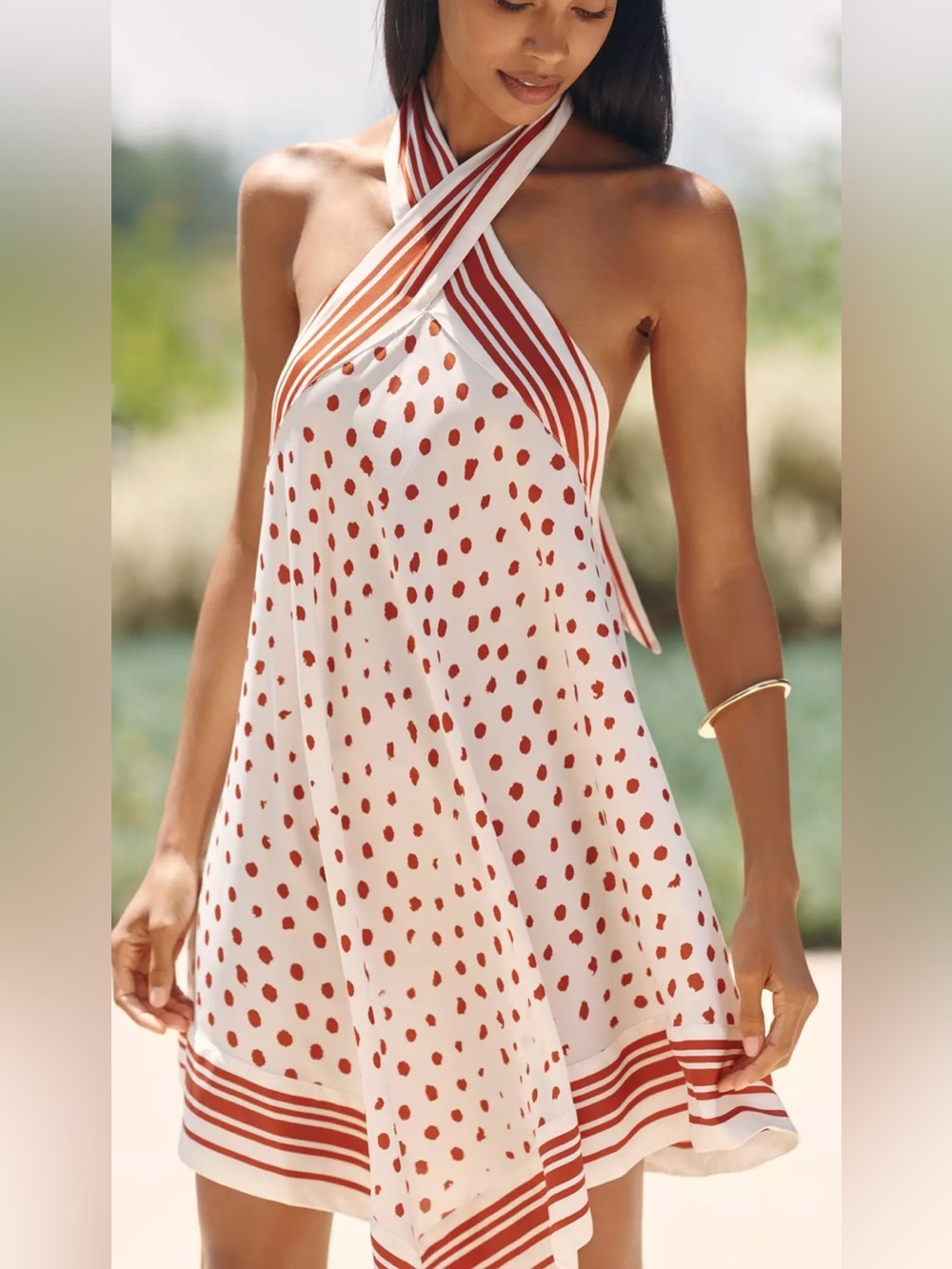 Celandine Silken Scarf Halter Polka Dot Dress in White and Rust